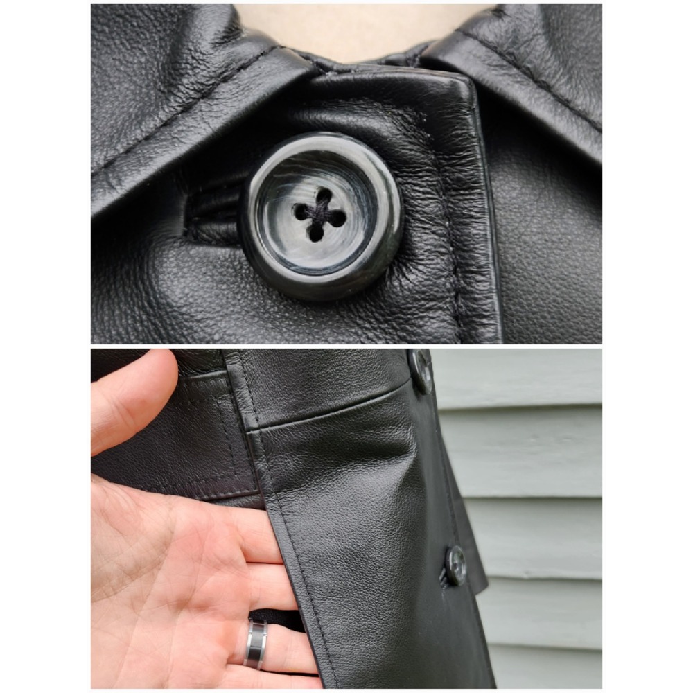 Vintage 90s y2k Leather Jacket Black Button Front Car Coat Burgundy Lining Small - Picture 6 of 7